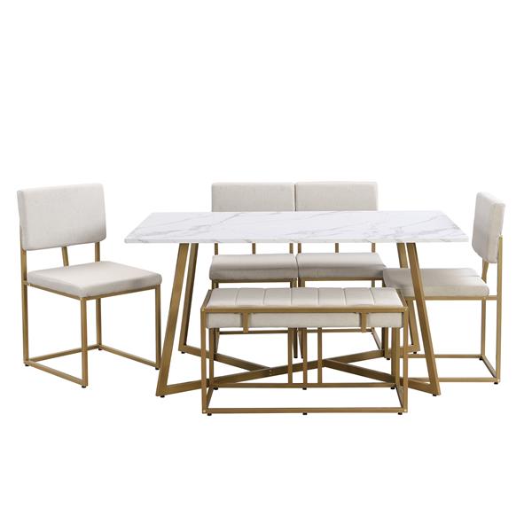 Modern Faux Marble 6-Piece Dining Table Set,60inch Metal Kitchen Table Set with Upholstered Dining Chairs and Bench, Golden