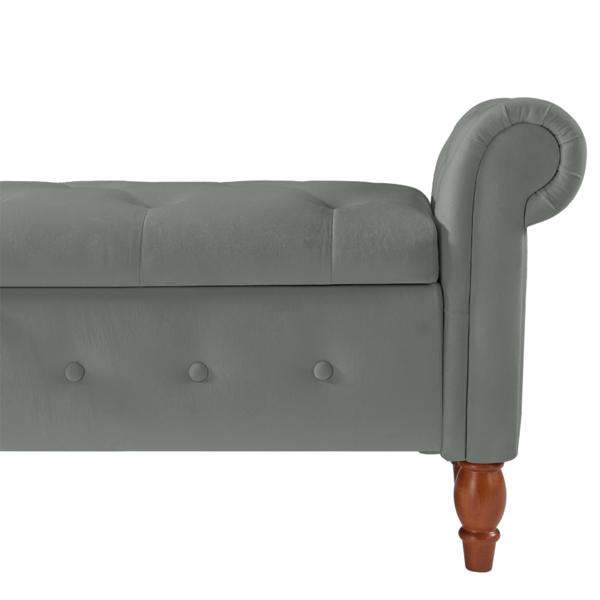 Grey, Solid Wood Legs, Velvet Bedroom End of Bed Storage Bench, Rolled Side Sofa Bench, Toy Storage Bench