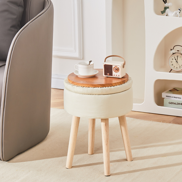 Storage Ottoman Linen Round Vanity Stool Tray Top Modern Foot Stool with Wood Legs Multifunctional Upholstered Foot Ottoman Rest for Living Room, Bathroom, Makeup White