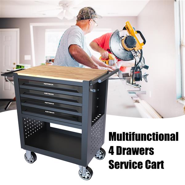 4 DRAWERS MULTIFUNCTIONAL TOOL CART WITH WHEELS AND WOODEN TOP-BLACK