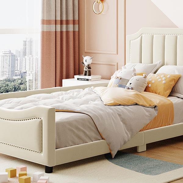 Twin Size Upholstered Daybed with Classic Stripe Shaped  Headboard, Beige