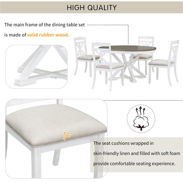 5-Piece Retro Functional Dining Table Set Extendable Round Table and 4 Upholstered Chairs for Dining Room and Living Room (Brown+Antique White)