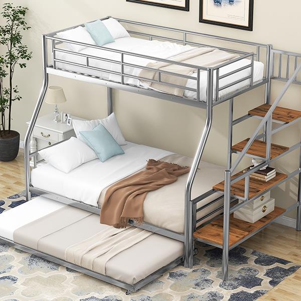 Twin over Full Size Metal Bunk Bed with Trundle and Storage Staircase, Silver