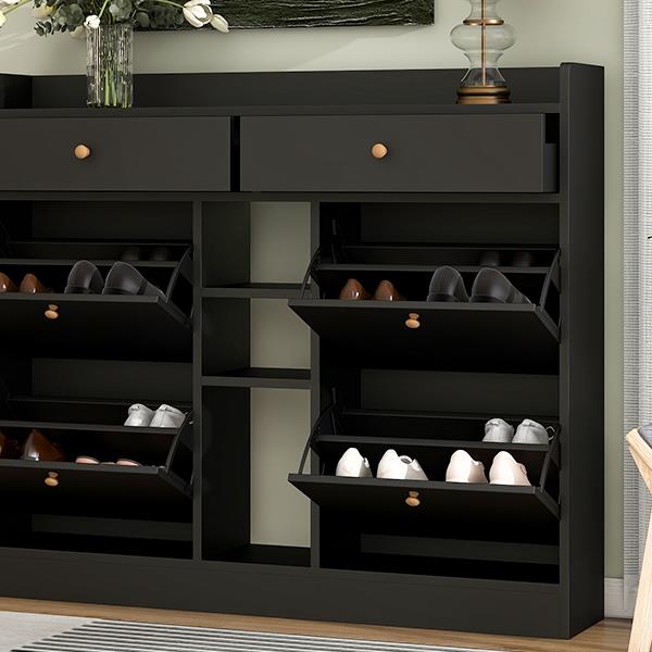 Modern Shoe Cabinet with 4 Flip Drawers, Multifunctional 2-Tier Shoe Storage Organizer with Drawers, Free Standing Shoe Rack for Entrance Hallway, Black.