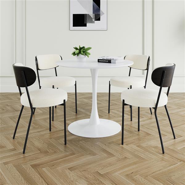 Modern grey simple teddy velvet dining chair Upholstered chair Family bedroom stool back dressing, white round table set,Bentwood covered with ash veneer Chair back,chair black metal legs (set of 5)