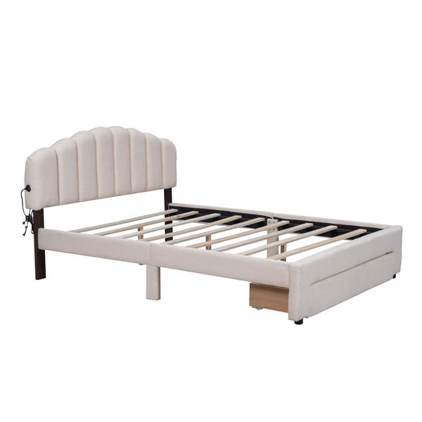 Teddy Fleece Queen Size Upholstered Platform Bed with Drawer, Beige