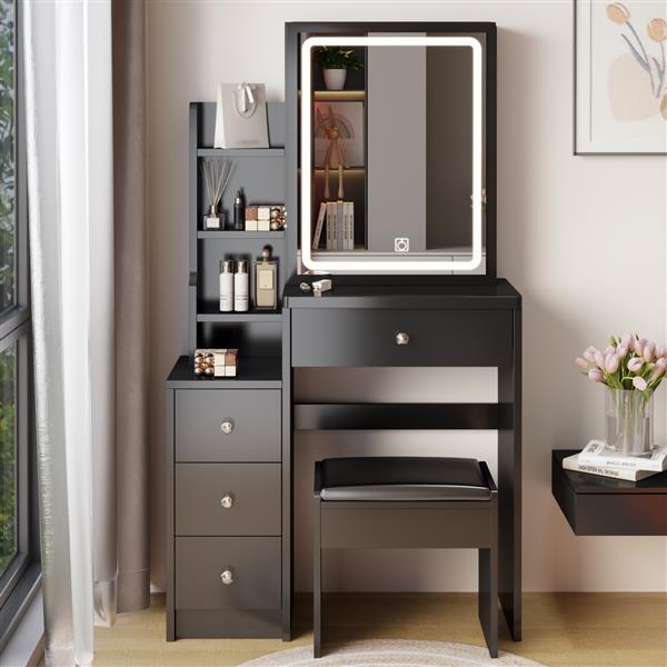 Small Space Left Bedside Cabinet Vanity Table + Cushioned Stool, Extra Large Touch Control Sliding LED Mirror, Tri-color Switching, Brightness Adjustable, Suitable for Girls No More Than 5.6ft Tall