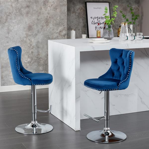 Furniture,Swivel Velvet Barstools Adjusatble Seat Height from 25-33 Inch, Modern Upholstered Chrome base Bar Stools with Backs Comfortable Tufted for Home Pub and Kitchen Island（Blue,Set of 2）