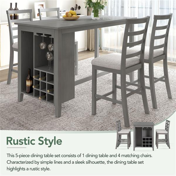 5-Piece Multi-Functional Rubber Wood Counter Height Dining Set with Padded Chairs and Integrated 9 Bar Wine Compartment, Wineglass Holders for Dining Room (Gray)