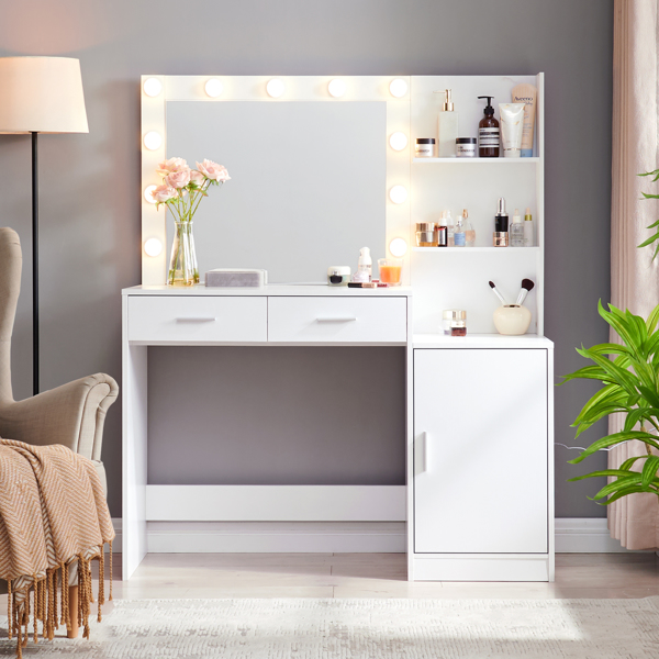 Vanity Desk with Mirror and Lights, 46.4IN Dressing Table with 2 Large Drawer&Large Vertical Organizer, 3 Level Dresser & 3 Lighting Modes Adjustable Brightness, Suitable for Bedroom(White) 