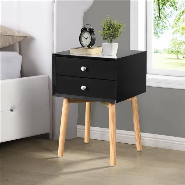 Side Table,Bedside Table with 2 Drawers and Rubber Wood Legs, Mid-Century Modern Storage Cabinet for Bedroom Living Room, Black