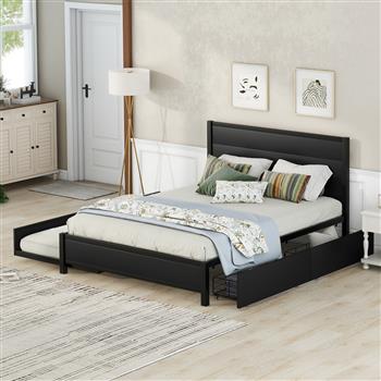 Metal Queen Size Storage Platform Bed with Twin Size Trundle and 2 Drawers, Black