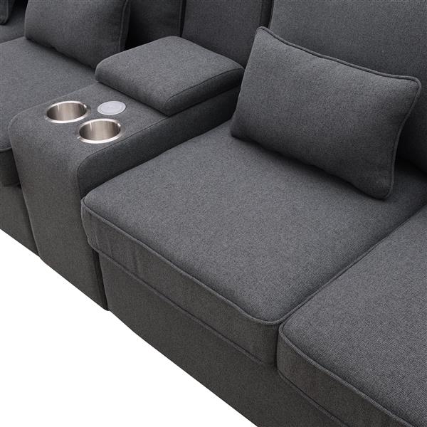 [VIDEO provided] [New] 114.2" Upholstered Sofa with Console, 2 Cupholders and 2 USB Ports Wired or Wirelessly Charged, Modern Linen Fabric Couches with 4 Pillows for Living Room, Apartment (4-Seat)