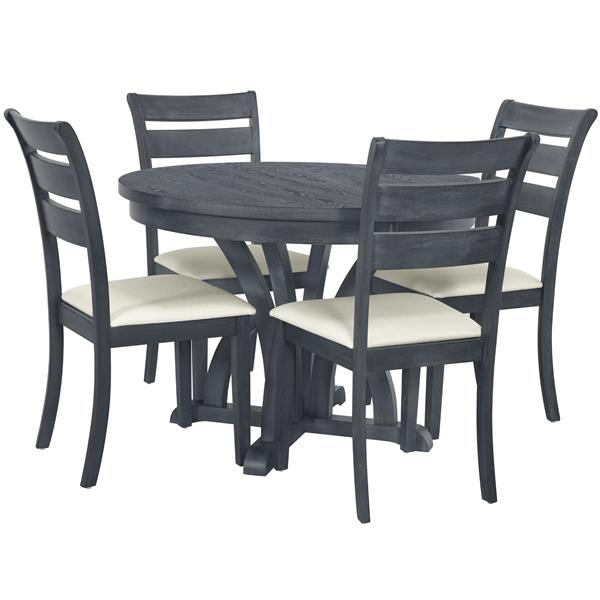 5-Piece Farmhouse Round Pedestal Extending Dining Table Set Extendable Kitchen Table Set with 15.8" Removable Leaf and Ladder Back Dining Chairs for Small Places, Black