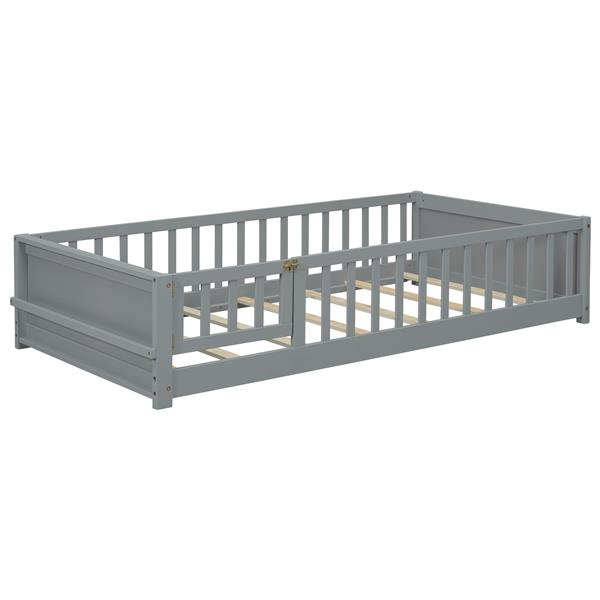 Twin size Floor Platform Bed with Built-in Book Storage Rack, Door,Grey