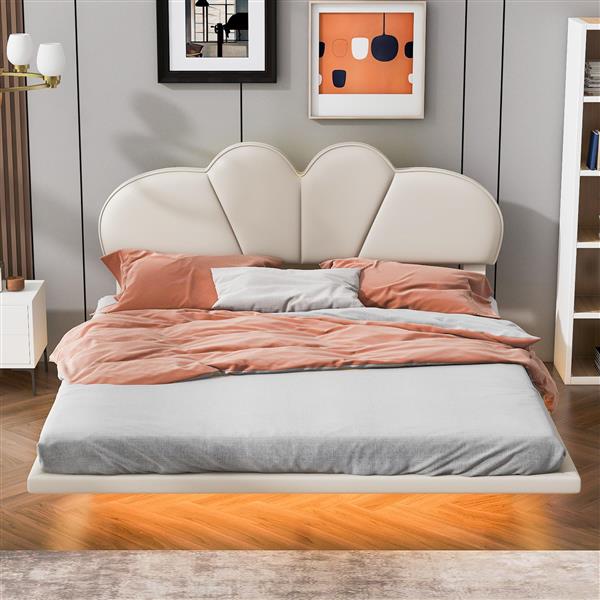 Full Size Upholstery LED Floating Bed with PU Leather Headboard and Support Legs,Beige