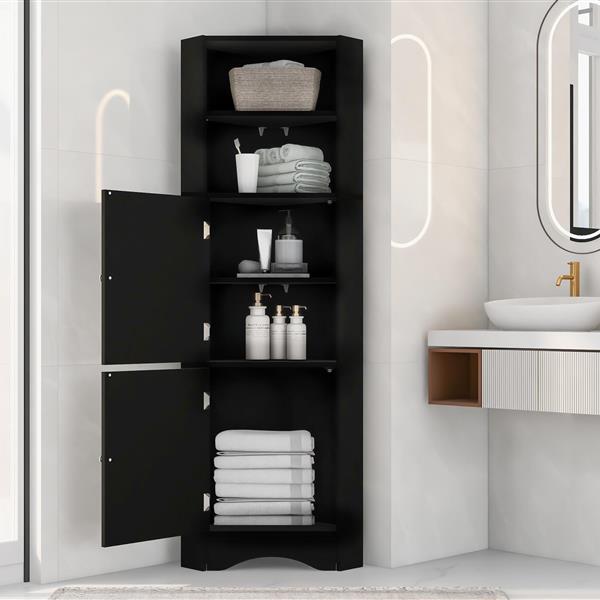 Tall Bathroom Corner Cabinet,  Storage Cabinet with Doors and Adjustable Shelves, MDF Board, Black