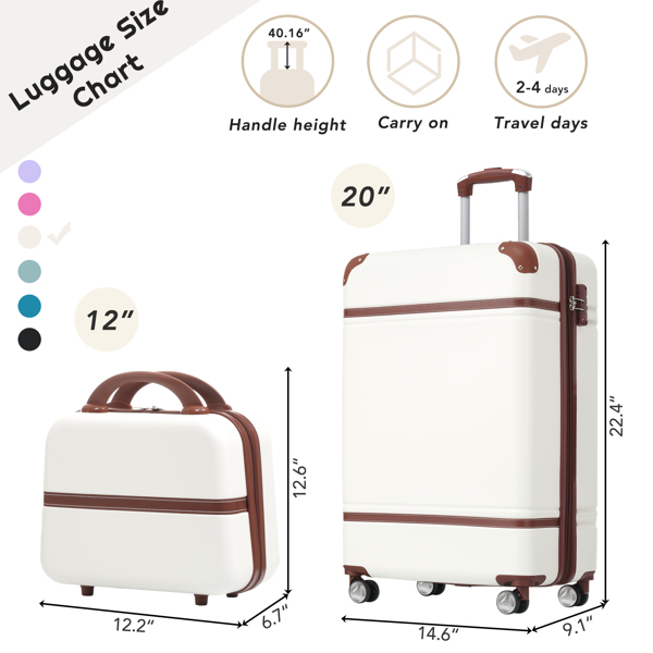 20 IN Hardside Luggage with Cosmetic Case , 2 Piece Lightweight Suitcase Set with Spinner Wheels, Carry on Vintage Luggage,White 