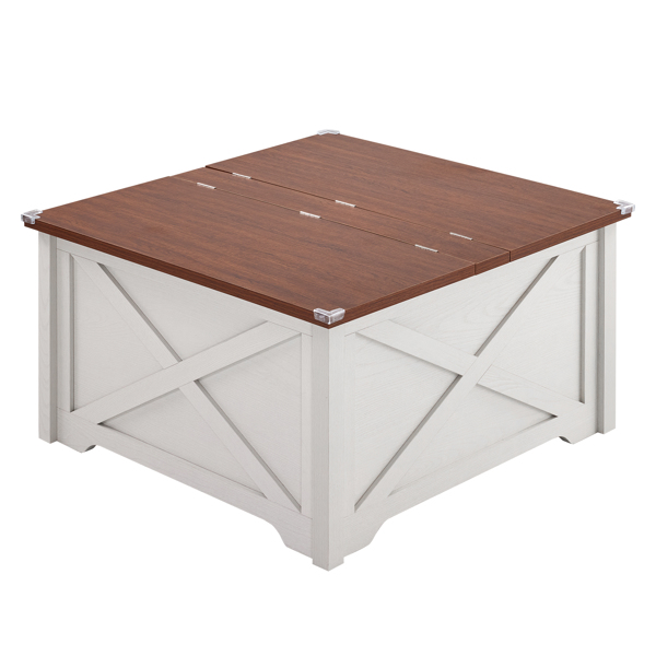 Farmhouse Coffee Table, Square Wood Center Table with Large Hidden Storage Compartment for Living Room, Rustic Cocktail Table with Hinged Lift Top for Home, Brown & White