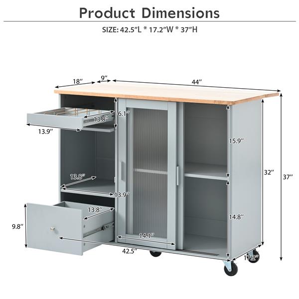 Kitchen Island with Drop Leaf, LED Light Kitchen Cart on Wheels with 2 Fluted Glass Doors and 1 Flip Cabinet Door, Large Kitchen Island Cart with an Adjustable Shelf and 2 Drawers (Grey Blue)