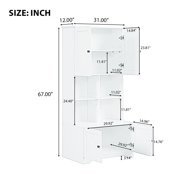 Tall and Wide Bathroom Floor Storage Cabinet, Bathroom Storage Unit, Freestanding Cabinet with 4 Doors, Adjustable Shelves, Open multi-layer Shelves, White 