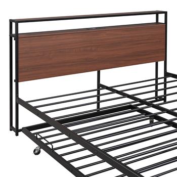 Queen Size Metal Platform Bed Frame with Trundle, USB Ports and Slat Support ,No Box Spring Needed Black