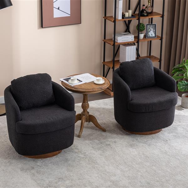 035-Boucle Fabric Swivel Chair With Soild Wood Round Brown Base Leg,Black