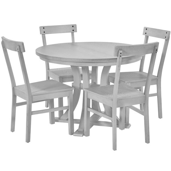 5-Piece Rustic Round Pedestal Extendable Dining Table Set with 15.7" Removable Leaf and Simple Dining Chirs for Small Places, Gray