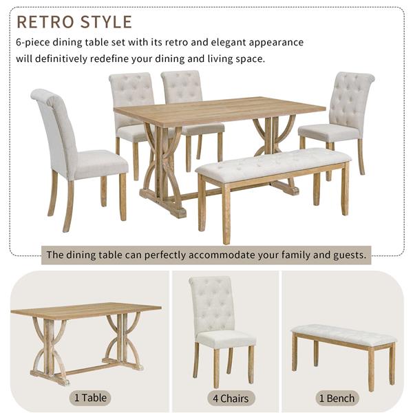 6-Piece Retro Rectangular Dining Table Set, Table with Unique Legs and 4 Upholstered Chairs & 1 Bench for Dining Room and Kitchen (Natural Wood Wash)