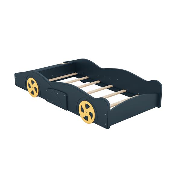 Twin Size Race Car-Shaped Platform Bed with Wheels and Storage, Dark Blue+Yellow