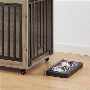 Furniture Style Dog Crate Side Table With Feeding Bowl, Wheels, Three Doors, Flip-Up Top Opening. Indoor, Grey, 43.7\\"W x 30\\"D x 33.7\\"H