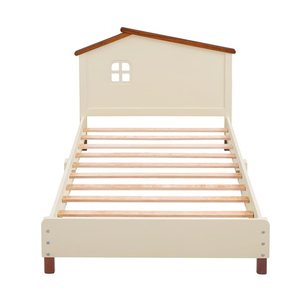 Twin Size Wood Platform Bed with House-shaped Headboard  (Cream+Walnut)