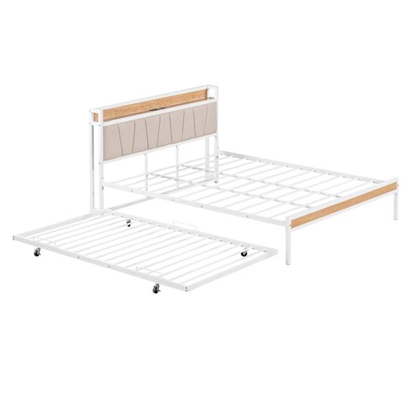 Queen Size Metal Platform Bed Frame with Twin size trundle, Upholstered headboard, Sockets, USB Ports and Slat Support, No Box Spring Needed, White