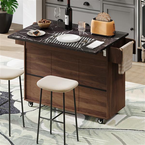 Kitchen Island with Trash Can Storage Cabinet, Kitchen Cart with Drop Leaf, Spice Rack, Towel Rack and Drawer, Rolling Kitchen Island on Wheels with Adjustable Shelf, Walnut Brown