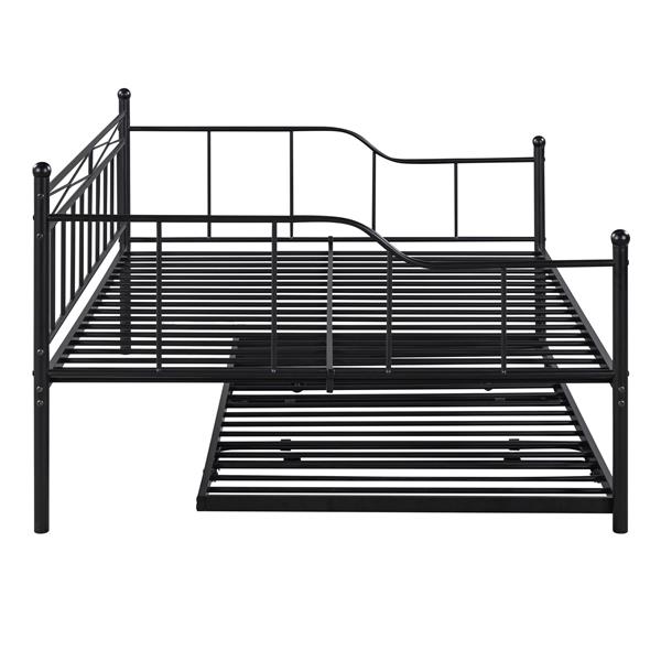 Full Size Metal Daybed with Twin Size Adjustable Trundle, Portable Folding Trundle, Black