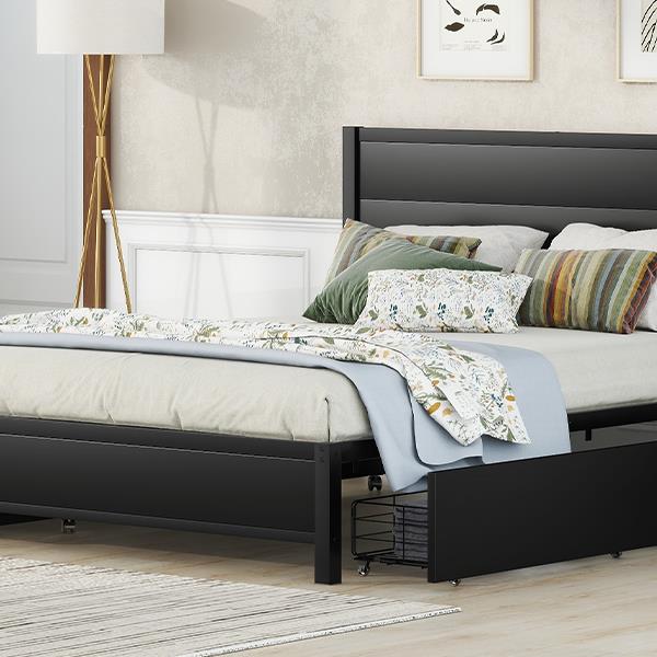 Metal Queen Size Storage Platform Bed with Twin Size Trundle and 2 Drawers, Black