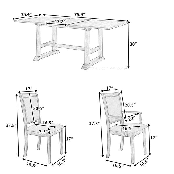 7-Piece Updated 76.9inch Extendable Trestle Dining Table Set with Removable Leaf, Kitchen Table Set with Upholstered Side Chair and Arm Chair, Set of 6, White