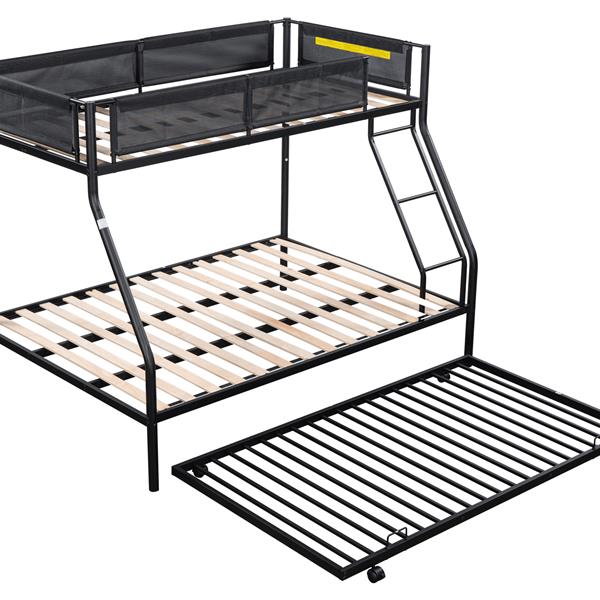 Twin over Full Metal Bunk Bed with Trundle/ Sturdy Metal Bed Frame/ Noise-Free Wood Slats/ Comfortable Textilene Guardrail/ Space-saving Trundle/ Bunk Bed for Three/ No Box Spring Needed