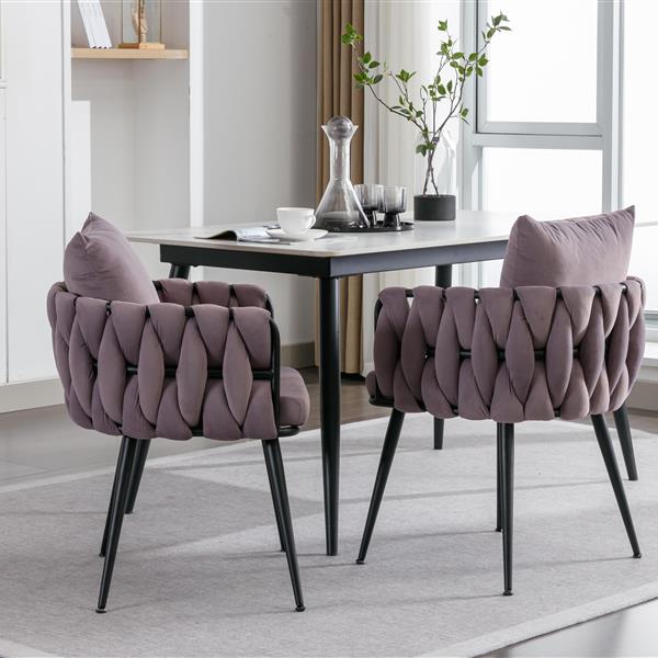 Pure Purple Modern Velvet Dining Chairs Set of 2 Hand Weaving Accent Chairs Living Room Chairs Upholstered Side Chair with Black Metal Legs for Dining Room Kitchen Vanity Living Room