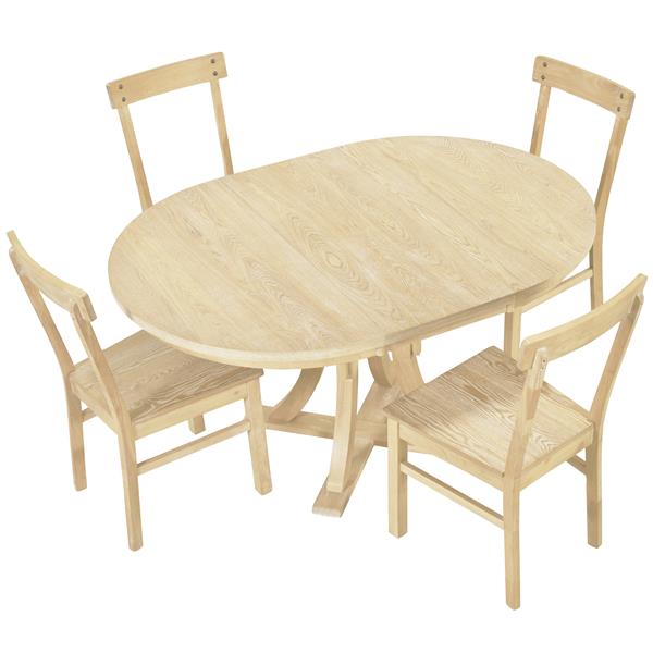 5-Piece Rustic Round Pedestal Extendable Dining Table Set with 15.7" Removable Leaf and Simple Dining Chirs for Small Places, Natural