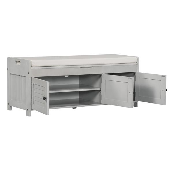 Storage Bench with 3 Shutter-shaped Doors, Shoe Bench with Removable Cushion and Hidden Storage Space (Gray Wash)