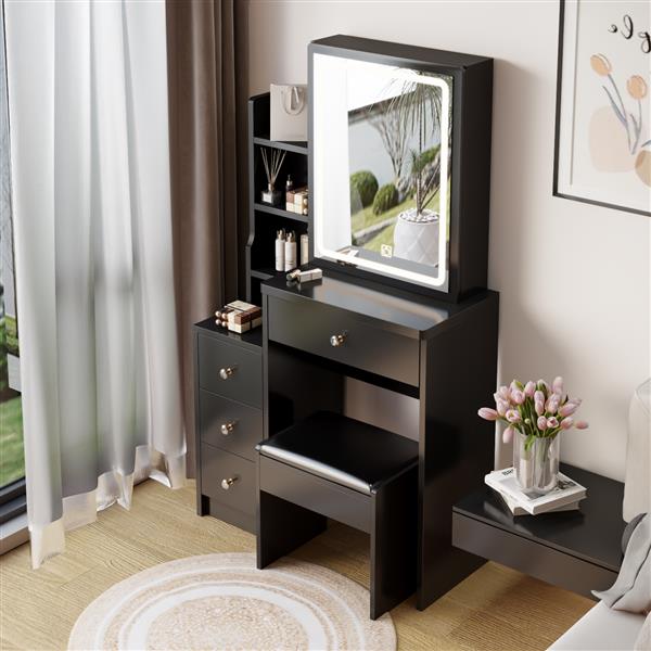 Small Space Left Bedside Cabinet Vanity Table + Cushioned Stool, Extra Large Touch Control Sliding LED Mirror, Tri-color Switching, Brightness Adjustable, Suitable for Girls No More Than 5.6ft Tall