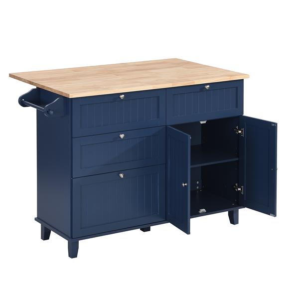 Farmhouse Kitchen Island Set with Drop Leaf and 2 Seatings,Dining Table Set with Storage Cabinet, Drawers and Towel Rack, Blue+Black+Brown