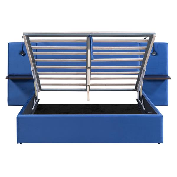 Queen Size Storage Upholstered Hydraulic Platform Bed with 2 Shelves, 2 Lights and USB, Blue