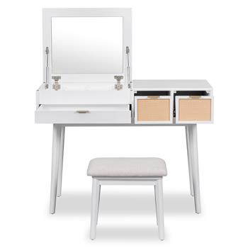 43.3\\" Classic Wood Makeup Vanity Set with Flip-top Mirror and Stool, Dressing Table with Three Drawers and storage space, White