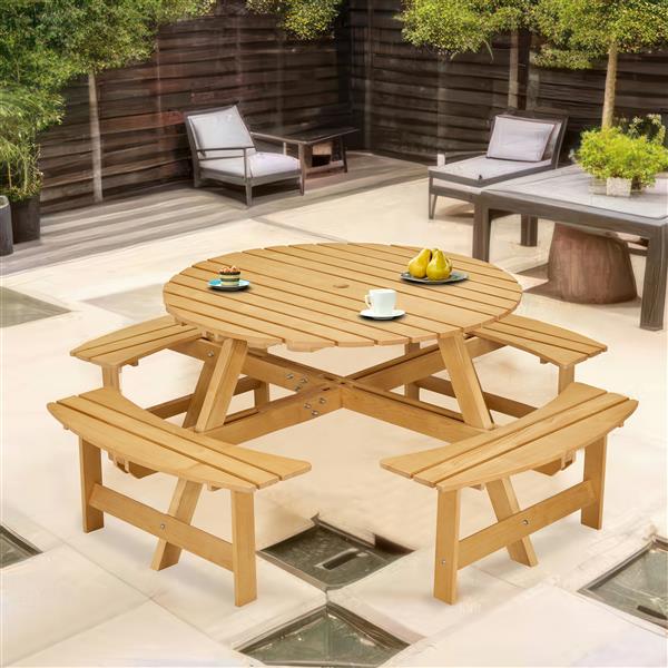 Outdoor 8 Person Picnic Table, 8 person Round Picnic Table with 4 Built-in Benches, Umbrella Hole, Outside Table and Bench Set for Garden, Backyard, Porch, Patio,  Natural