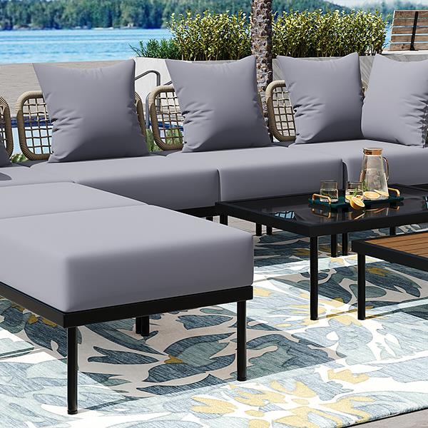 8-Piece Patio Sectional Sofa Set with Tempered Glass Coffee Table and Wooden Coffee Table for Outdoor Oasis, Garden, Patio and Poolside (Light Grey Cushion + Black Steel)