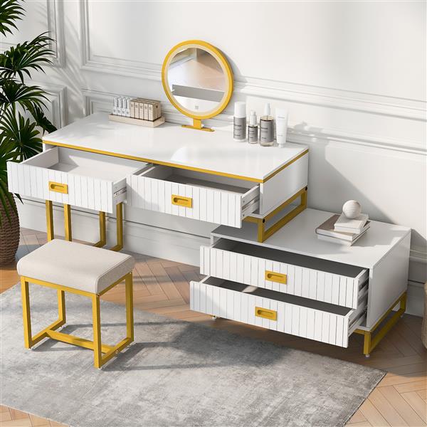 Modern Style Vanity Table With Movable Side Cabinet And 4-Drawers, Large Size Dressing Table With Mirror and 3-colors LED Light, Makeup Table With Stool, White, Golden Legs