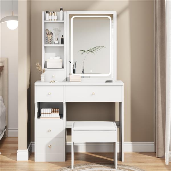 Small Space Left Drawer Desktop Vanity Table + Cushioned Stool, Extra Large Touch Control Sliding LED Mirror, Tri-color Switching, Brightness Adjustable, Suitable for Girls No More Than 5.6ft Tall