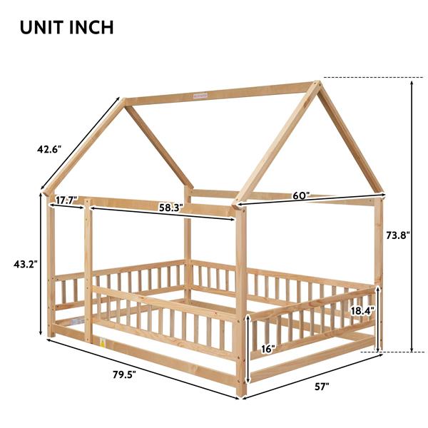 Full Size Floor Wooden Bed with House Roof Frame, Fence Guardrails ,Natural